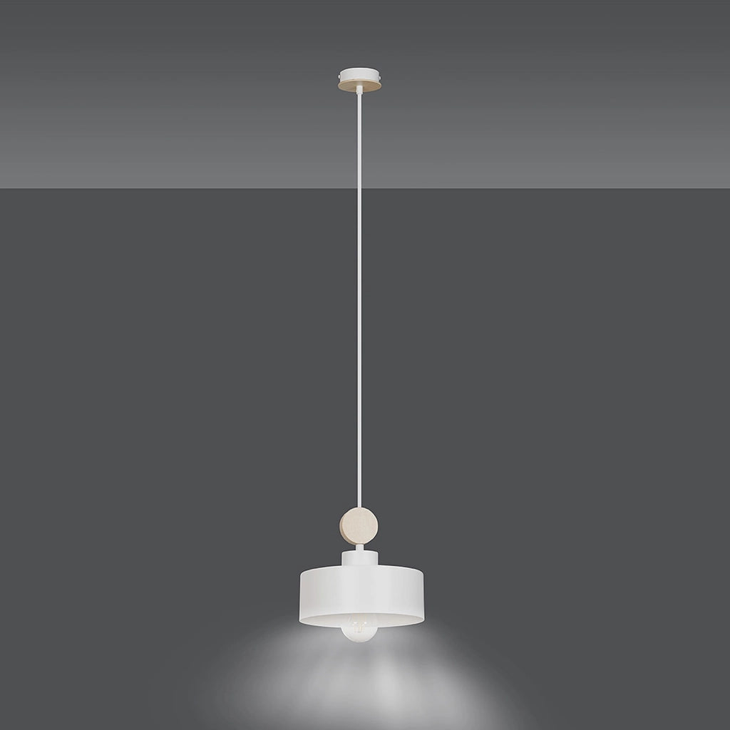 Sospensione 1 Luce Zhurong In Acciaio Bianco E Legno Naturale