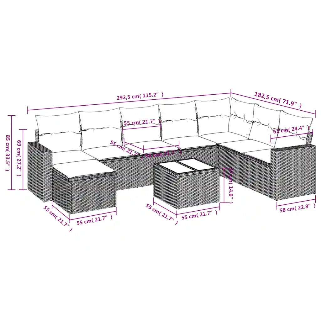 Set Divani da Giardino 9pz con Cuscini Marrone in Polyrattan