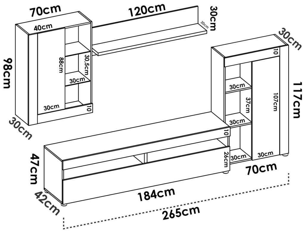 Parete attrezzata Aleu, Set da soggiorno componibile, Mobile salotto multiposizione, 265x42h180 cm, Bianco e Cemento