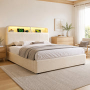 Letto matrimoniale 140x200 cm in velluto beige con testiera regolabile, LED, USB e contenitore idraulico