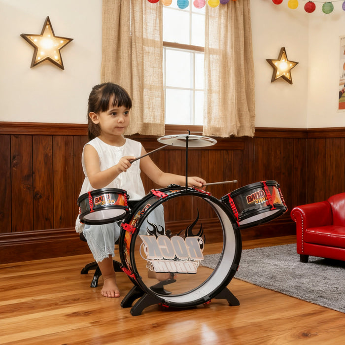 Batteria Giocattolo per Bambini con Sgabello Gioco Musicale in Plastica e Acciaio Inox Nero