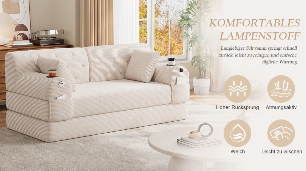 Divano letto compatto 2 posti con schienale alto, tasche laterali e portabicchieri in tessuto cord beige