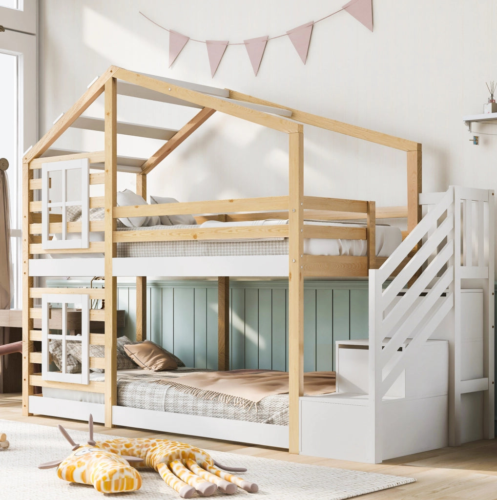 Letto a castello 90x200 cm con contenitore; casetta sull'albero; legno e MDF naturale e bianco