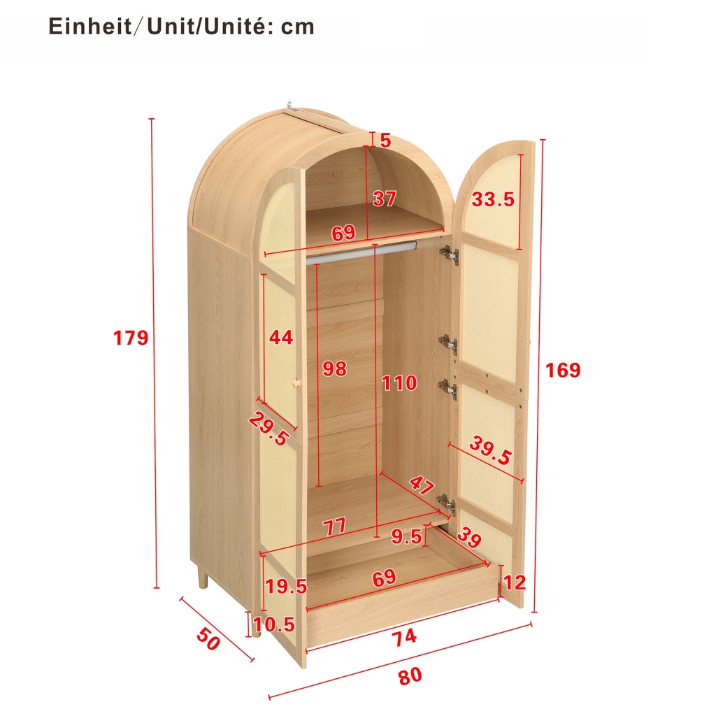 Armadio con ante curve; cassetti e ripiani; frontale in rattan; per camera e ingresso; 80 × 50 × 179 cm