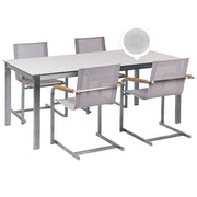 Set da giardino con 4 posti in acciaio inox con tavolo piano in vetro e Sedie in tessuto bianco esterno moderno