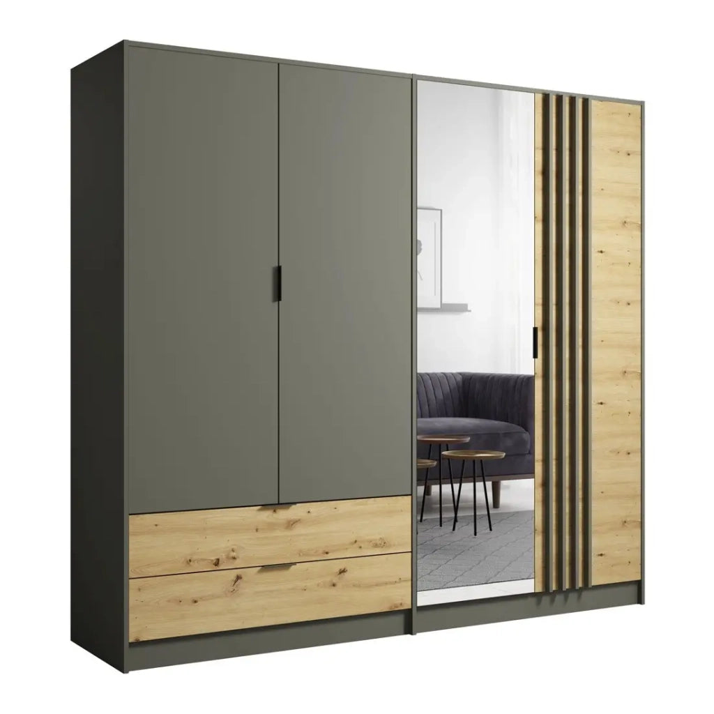 Camera da letto completa design IZO: Armadio, letto 160x200, cassettiera, comodini, quercia/grigio antracite