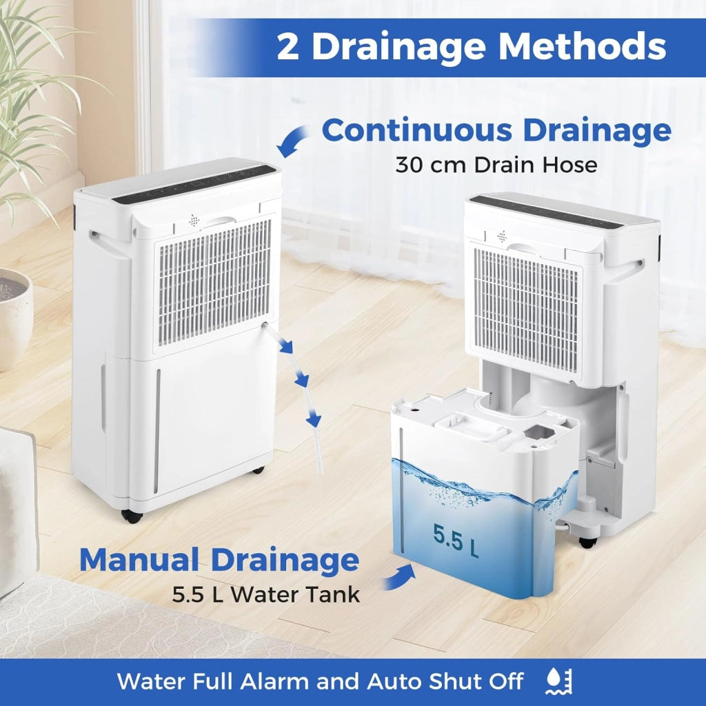 Deumidificatore Elettrico Silenzioso 25L/Giorno, con Indicatore di Umidità, 4 Modalità, 2 Metodi di Scarico, Serbatoio dell'Acqua da 5,5L, Timer 0-24 Ore, per Soggiorno, Camera, Ufficio