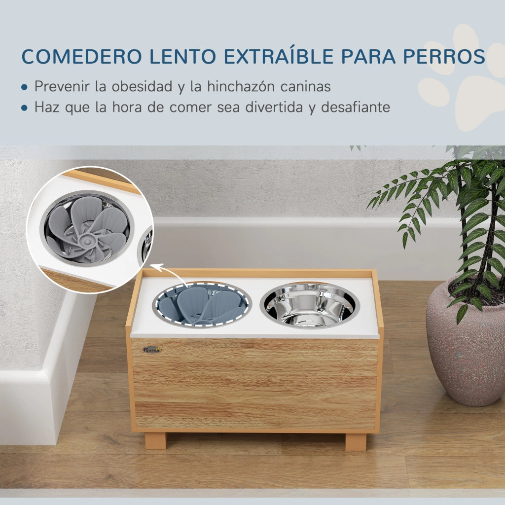 Tavolo per cani rialzato con alimentatore lento estraibile e abbeveratoio in acciaio inox ¨C Zephmum ¨C Rovere