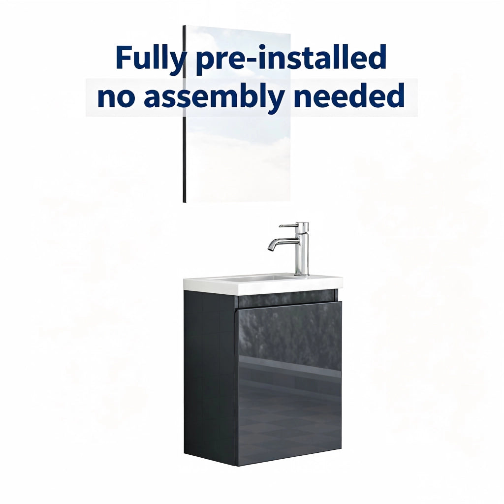Mobile bagno con lavabo in ceramica e specchio; sospeso; senza maniglie con chiusura ammortizzata; in MDF; grigio