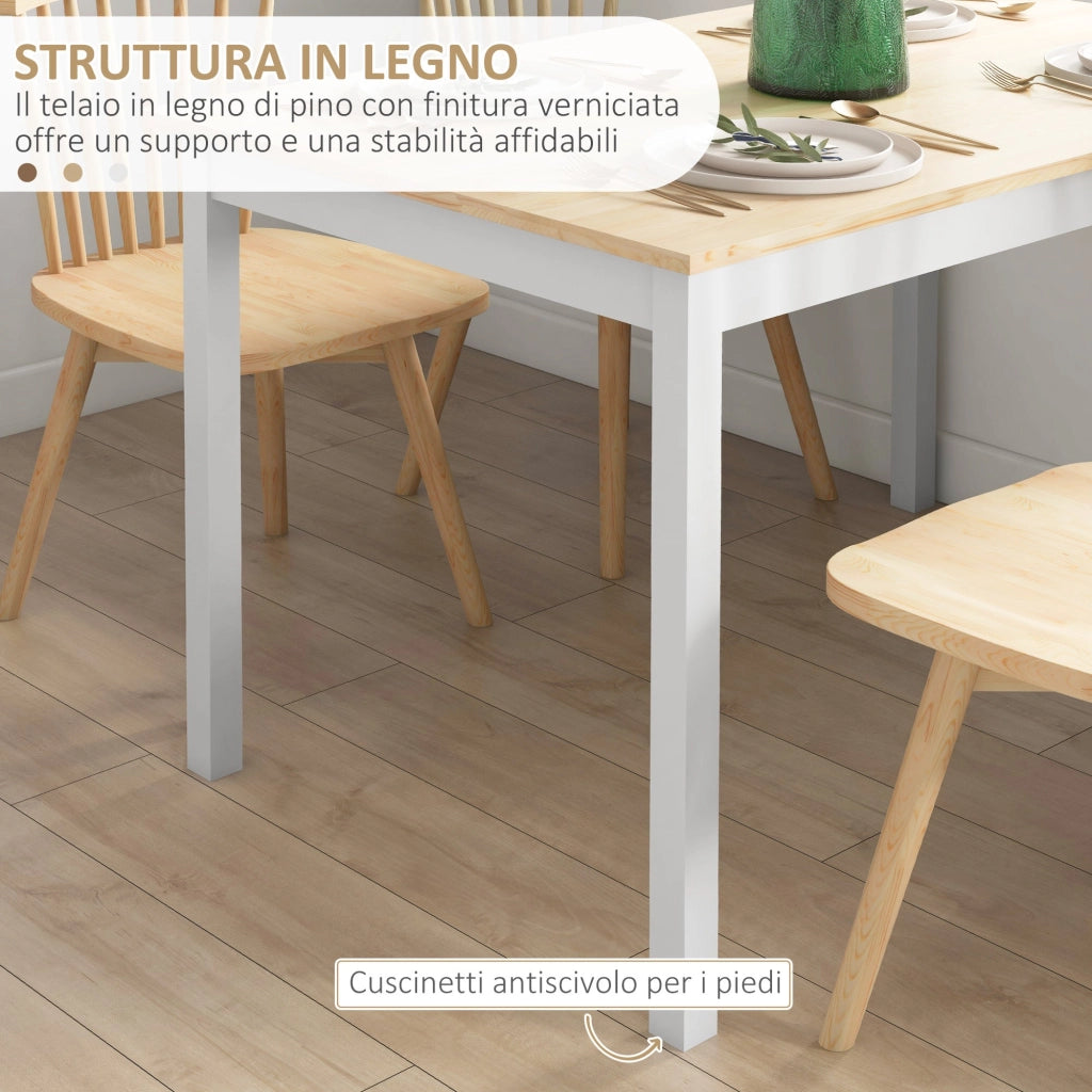 Tavolo da Pranzo 4 Posti con Piedini Antiscivolo 120x75x75 cm in Legno di Pino Naturale e Bianco