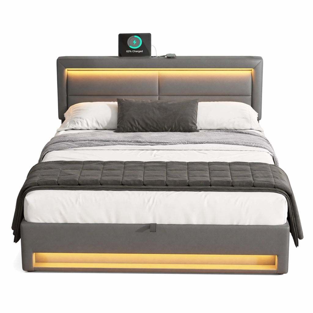 Letto imbottito matrimoniale 140x200 cm in PU grigio con USB; LED e contenitore