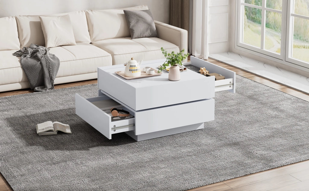 Tavolino da caffè girevole 360°, bianco, con 2 cassetti e vano contenitore, 60×60×38 cm