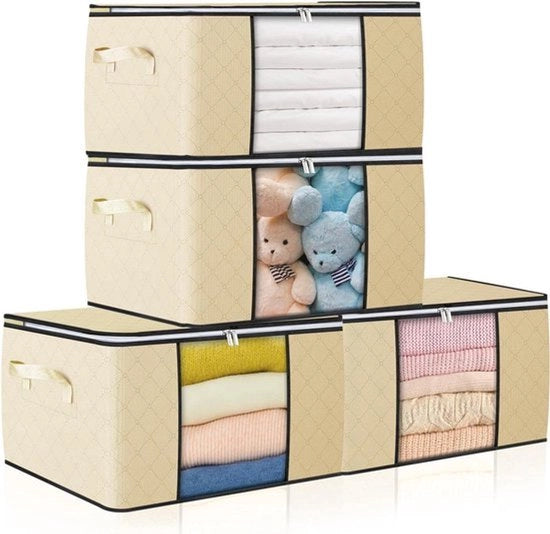 Scatole di Stoccaggio da 90L con Coperchio - Pacchetto da 4 - Maniglia Rinforzata - Scatole da Mobilità pieghevoli - Finestra trasparente - Organizzatore di abiti, trapunte, coperte e valigie