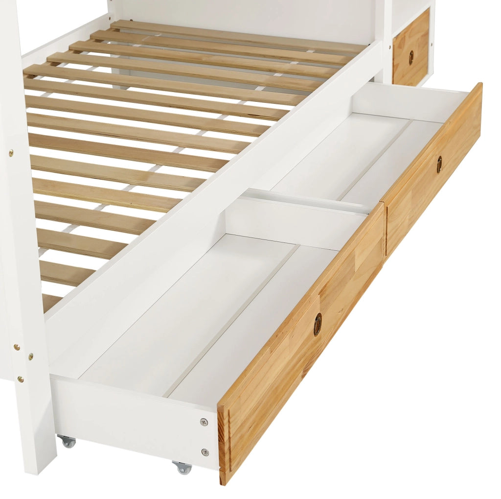 Letto a castello 90x200 cm con scala contenitore, 2 cassetti e ripiani