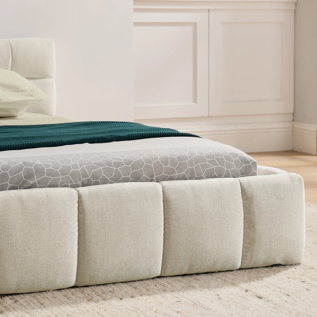 Letto matrimoniale in chenille con testiera, 140x200 cm, beige