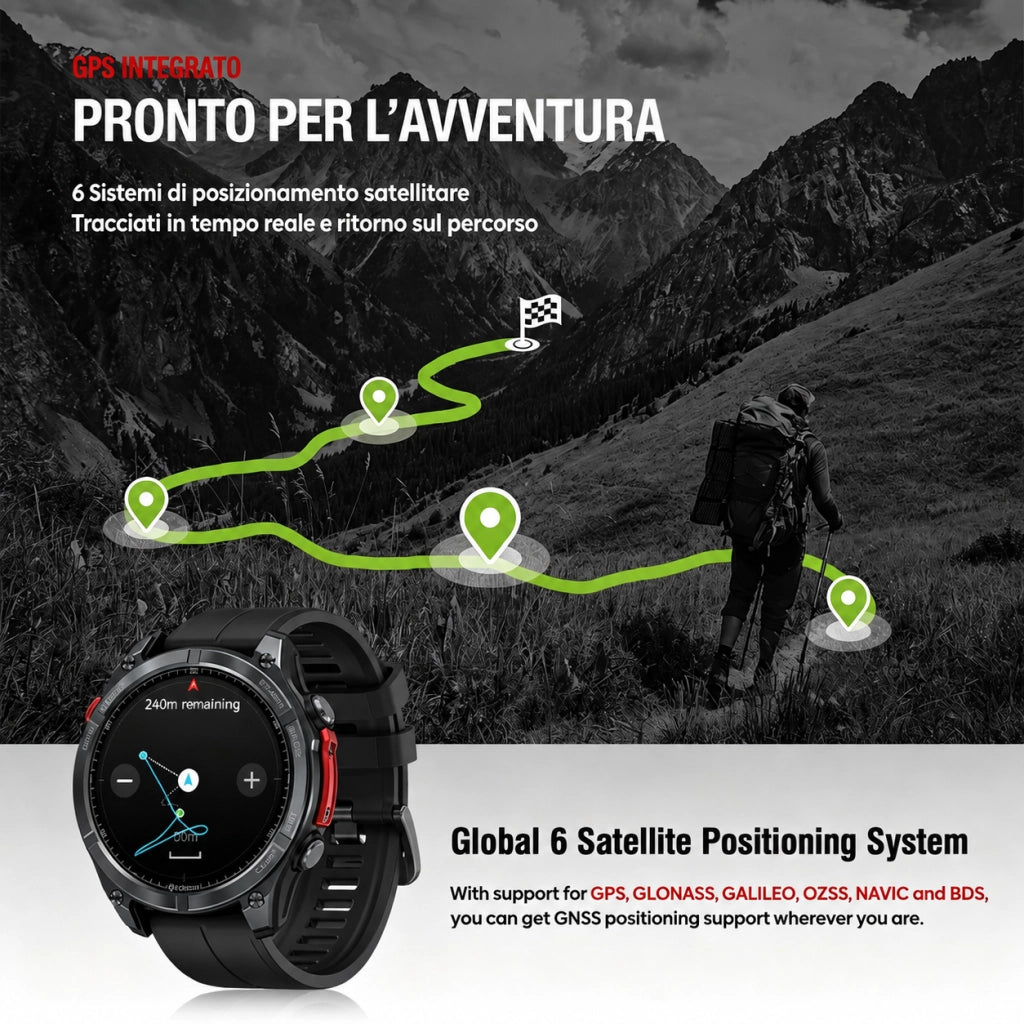 Smartwatch Orologio Intelligente HD-GPS con 6 sistemi satellitari; impermeabile 5 ATM-170 modalità sportive; monitoraggio della salute 24 ore su 24 - nero