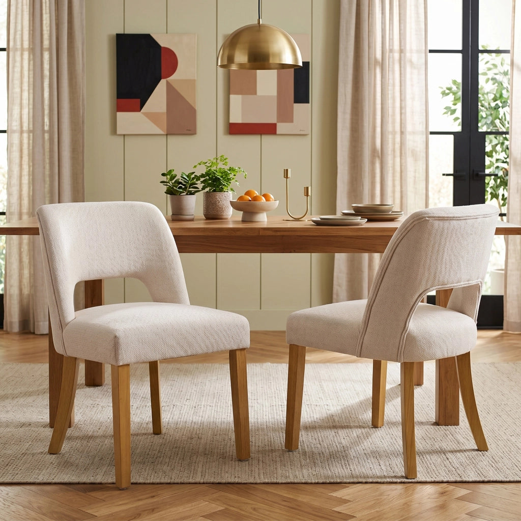 Sedie da Pranzo in Tessuto di Lino ¨C MINIMAL ¨C Gambe in Legno Massello, Beige, Set 2 Pezzi
