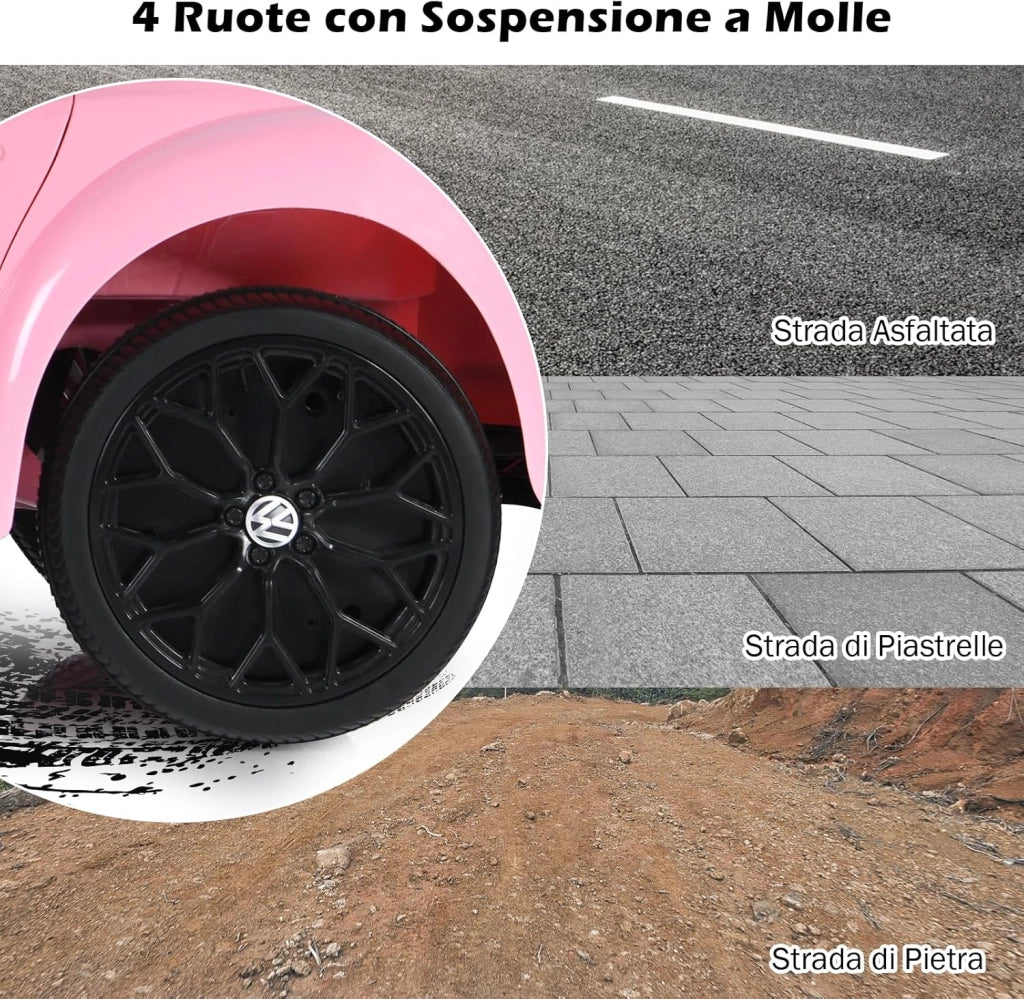 12V Volkswagen Macchina Elettrica per Bambini, Auto Elettrica con Telecomando Luci Musica Doppia Porta, 5km/h Carico 30kg, per Bambini 3-8 Anni (Rosa)