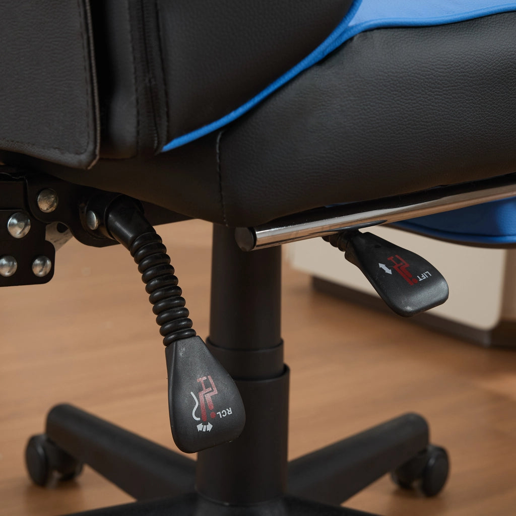 Chaise da ufficio gaming con tasca portaoggetti sul retro e cilindro pneumatico, in PVC nero e blu