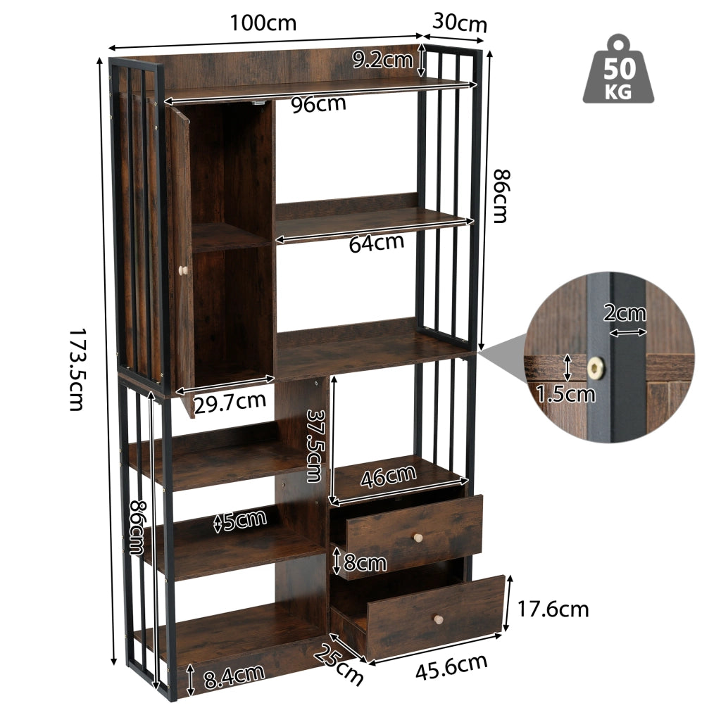 Libreria industriale 100x30x173;5 cm con ante e cassetti; effetto legno marrone nero
