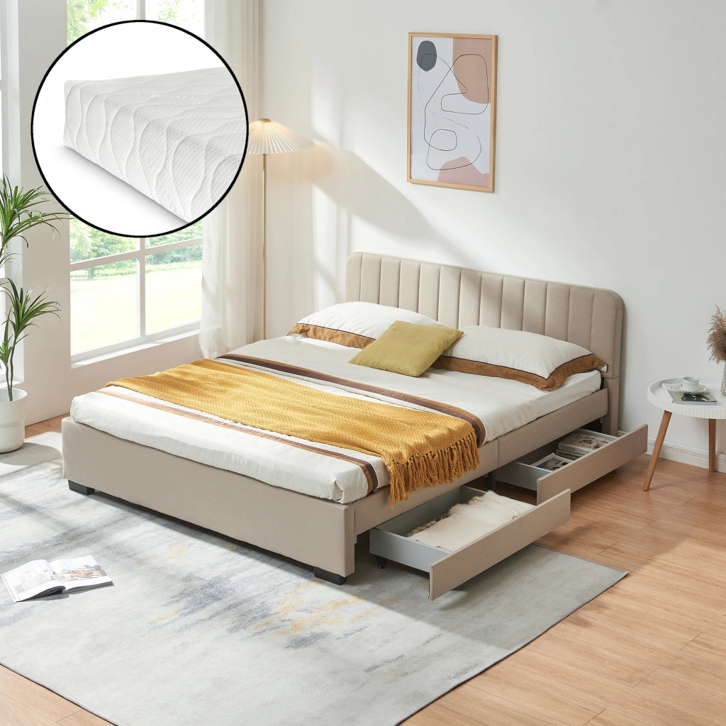 Letto Matrimoniale Nofrenna con Materasso 160x200 cm 4 Cassetti e Testiera - Beige [en.casa]