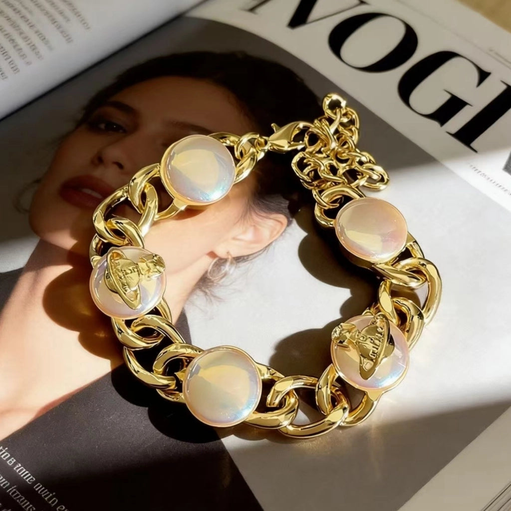 Orecchini a forma di pianeta 3D in stile francese per donna, bracciale di perle rosa resistente