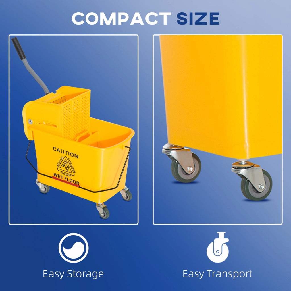 Secchio/carrello per la pulizia da 20 litri con strizzatore, carrello per mocio con 2 scomparti, giallo, ideale per la pulizia e l'uso domestico