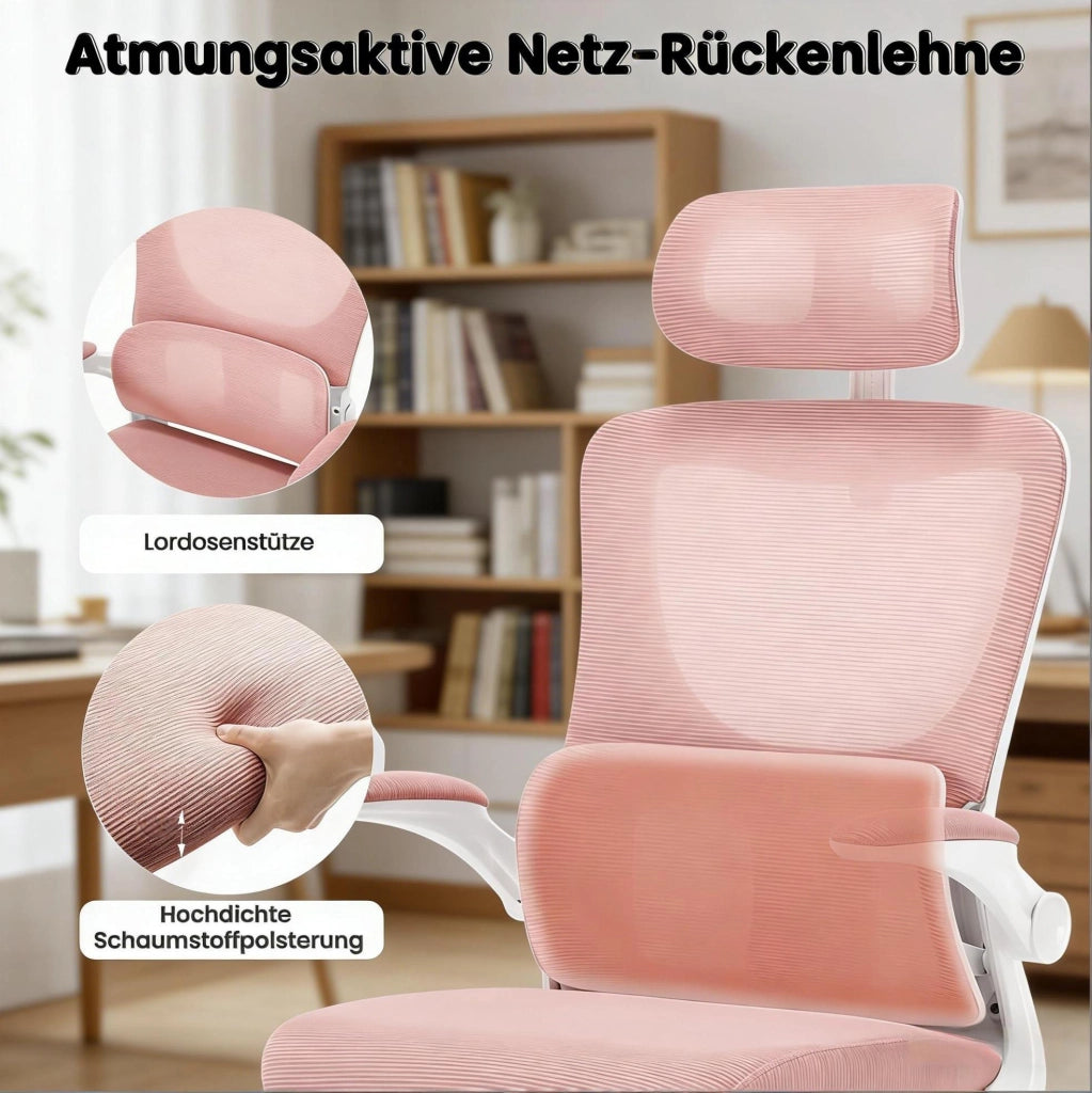 Sedia da ufficio ergonomica rosa con rete e poggiatesta