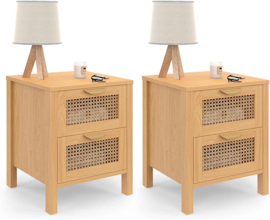 IDMarket - Set di 2 comodini a 2 cassetti EDHEN in Vimini e Legno
