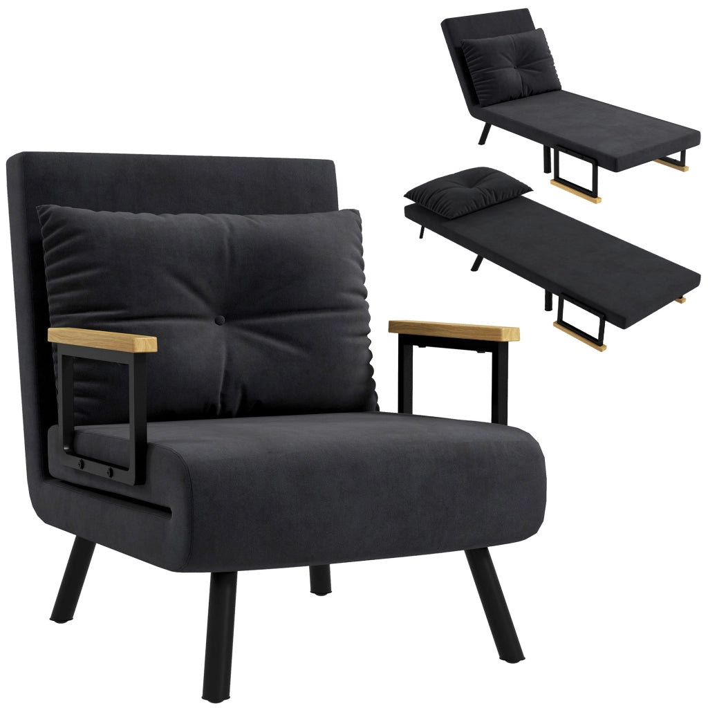Poltrona letto convertibile 4 in 1 ¨C Xylo ¨C Tessuto effetto velluto nero con braccioli in legno