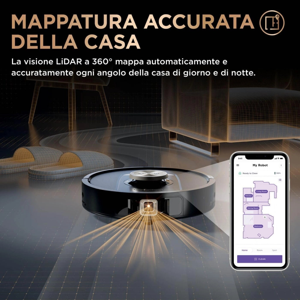 PowerDetect Robot Aspirapolvere Lavapavimenti 2 in 1, NeverTouch Pro Autosvuotante, Autoriempimento, Autopulizia, Navigazione 3D LiDAR, Bypass Ostacoli NeverStuck, WiFi/App, Nero RV2800ZEEU