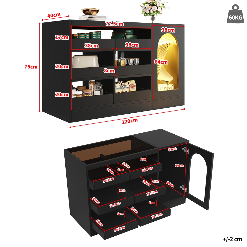 Cassettiera con Luce LED ¨C MINIMAL ¨C Nero, 6 Cassetti, Design Moderno