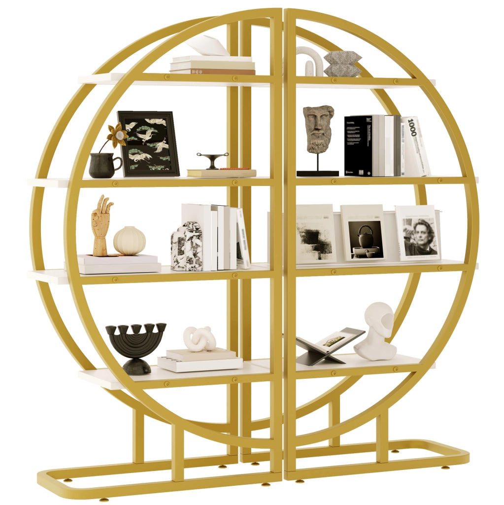 Libreria ad arco semicircolare modulare 120x30x130 cm in acciaio dorato e MDF bianco
