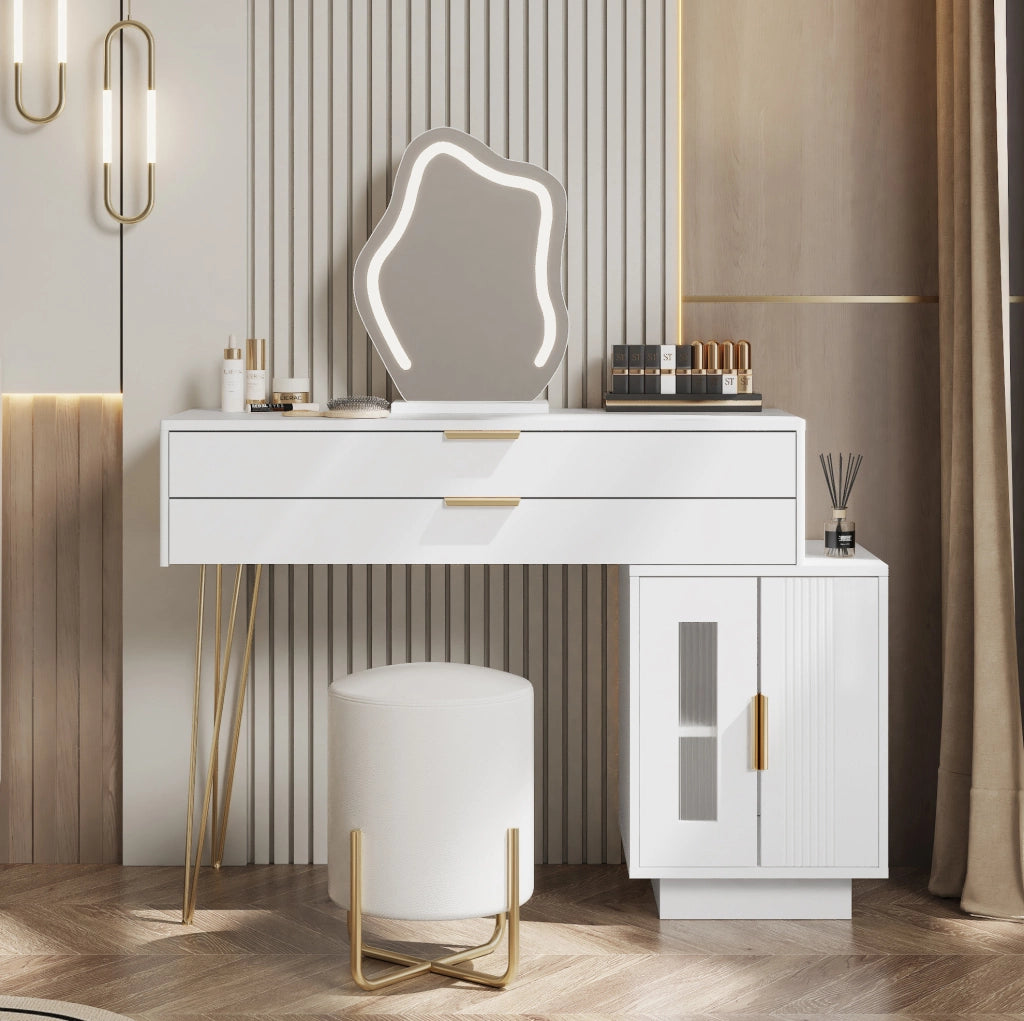 Tavolo da trucco bianco estensibile con specchio LED e 2 cassetti, 100x40x78 cm