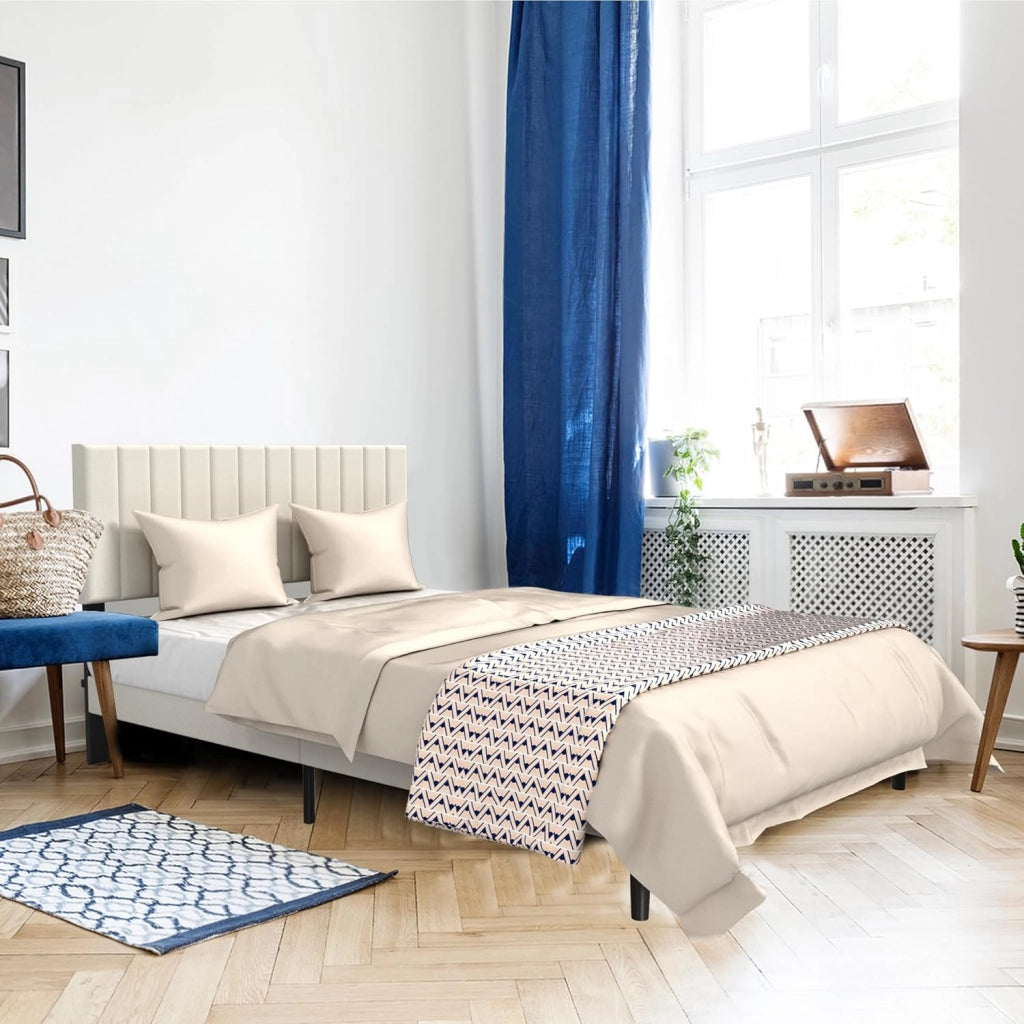 Telaio letto 160 x 200 cm, in metallo con testiera in velluto e rete a doghe, letto per ragazzi, letto matrimoniale, camera degli ospiti, beige