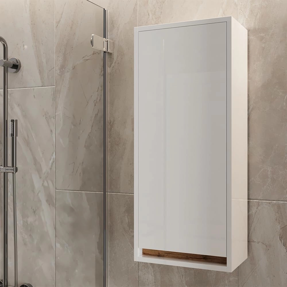 Mobile bagno Detmold, Bianco lucido/oro power oak, 81.6 x 35 cm con porta, adatto per montaggio a parete e combinabile con la serie Detmold