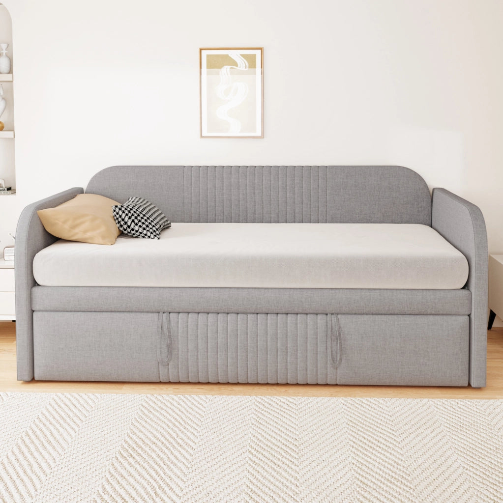Divano letto imbottito estensibile 90/190 cm in tessuto effetto lino grigio chiaro