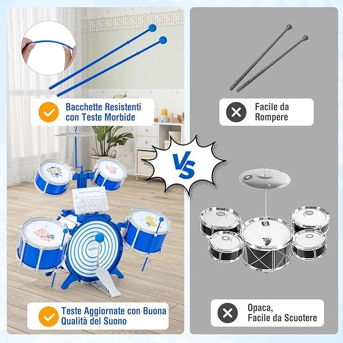 Set di Batteria per Bambini, Kit di Batteria Jazz con Cassa, Strumento Musicale a Percussione Educativo per Bambini 3+ Anni