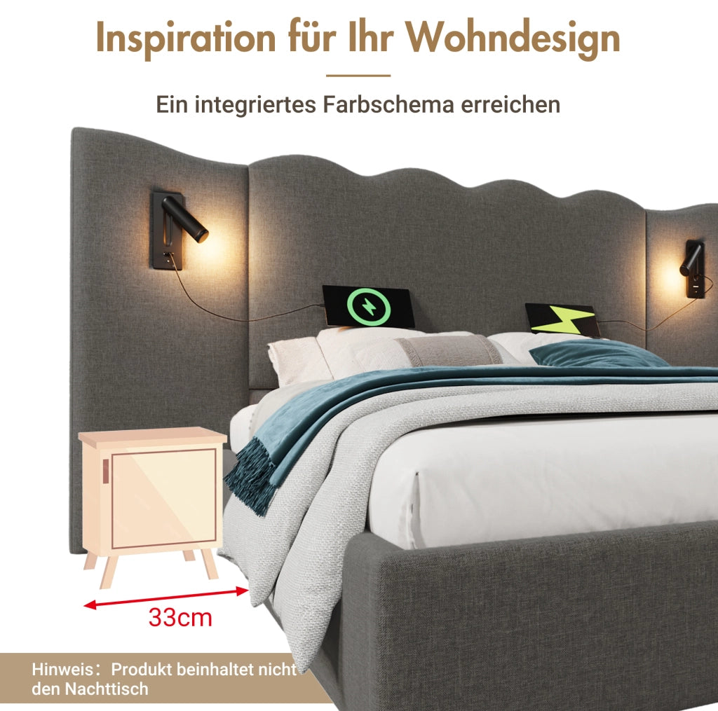 Letto matrimoniale contenitore 180x200 cm con lampada da lettura e porte USB-C; in lino grigio