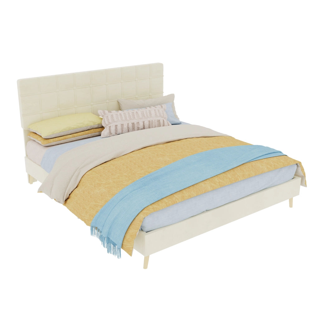 Letto matrimoniale 160 × 200 cm con testiera trapuntata, gambe in legno, senza materasso, beige
