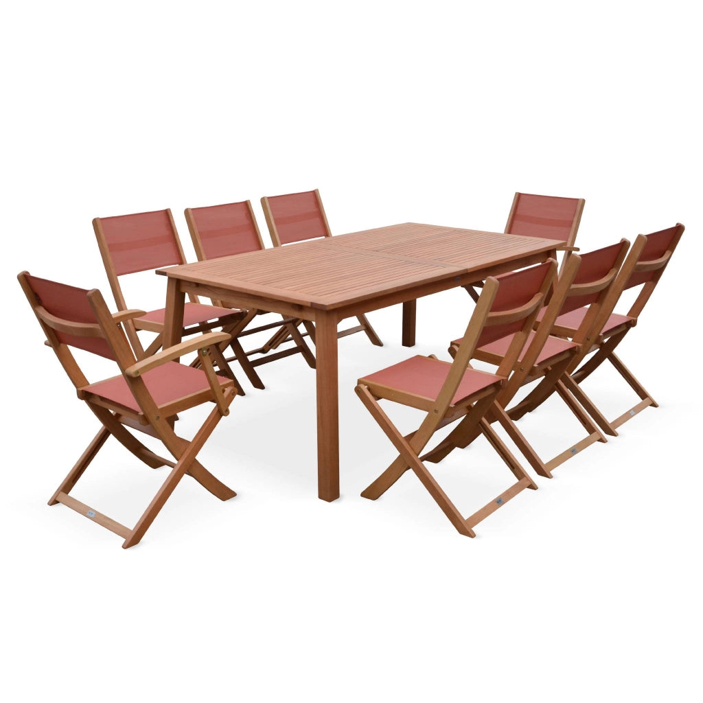 Set tavolo da giardino rettangolare allungabile in legno con 8 sedie,