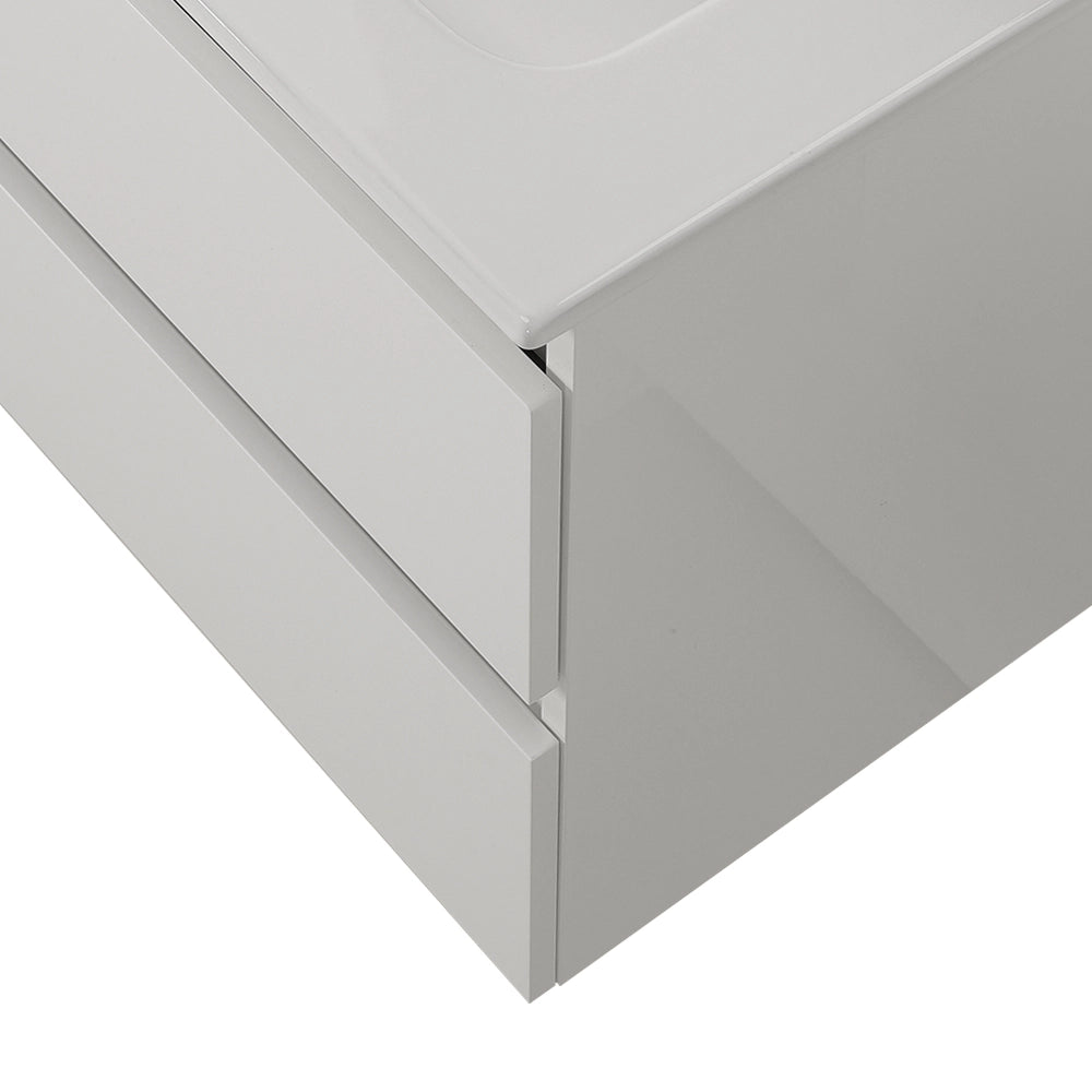 Mobile bagno sospeso 80 cm in legno bianco lucido 2 cassettoni con lavabo e specchio Leda