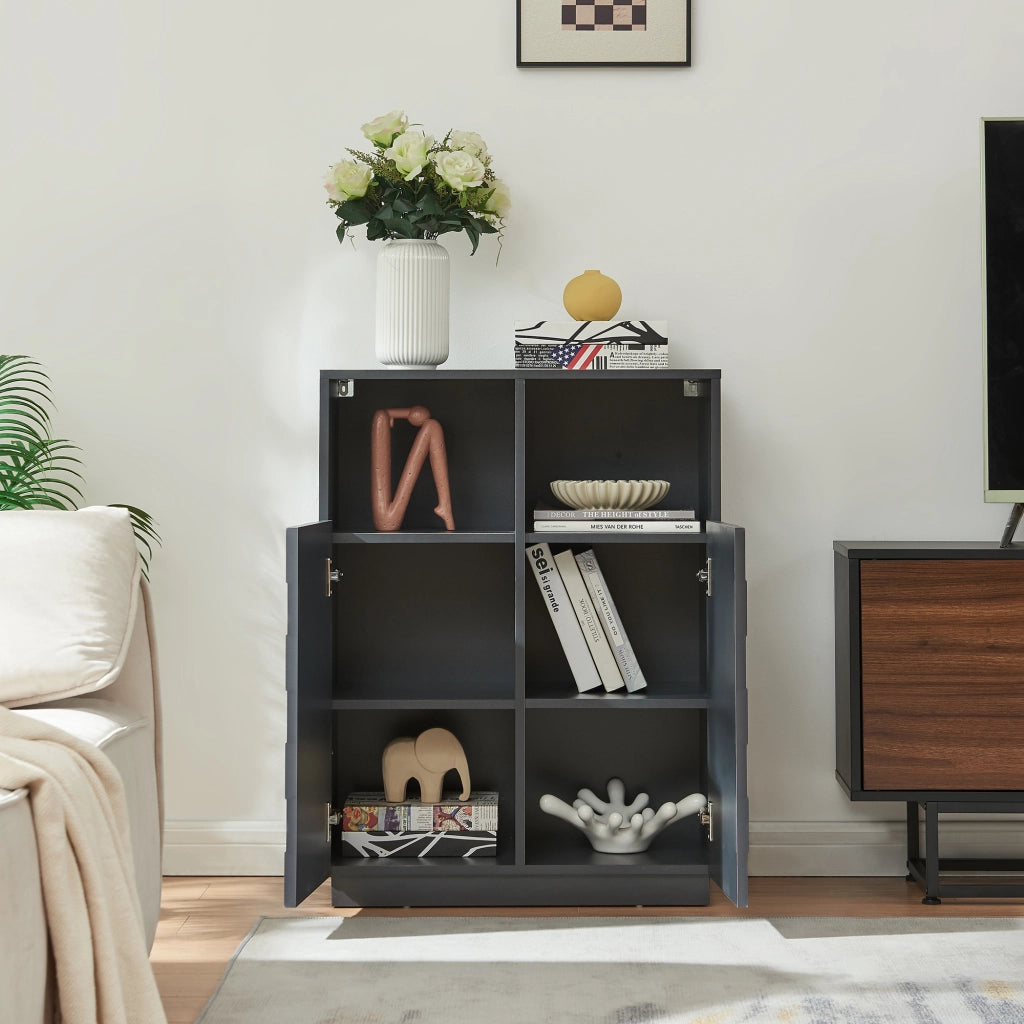 Armadio Comò Alto Bopibobro a 2 Ante Credenza con 2 Ripiani Aperti e 4 Vani Chiusi 86 x 64 x 36 cm - Grigio Scuro [en.casa]