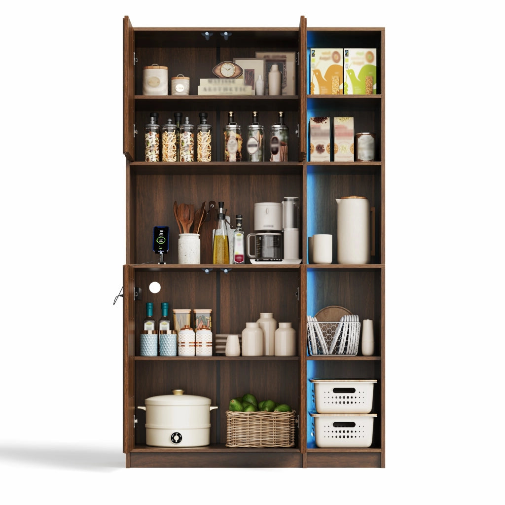Mobile credenza da cucina con LED e presa elettrica, 2 ante e vani aperti per cucina e soggiorno, noce 105 × 40 × 180 cm