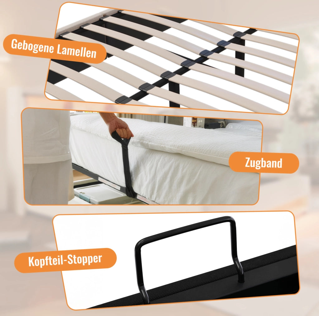 Letto matrimoniale imbottito 160x200 cm con contenitore; porta bicchieri e stazione di ricarica; beige; con materasso