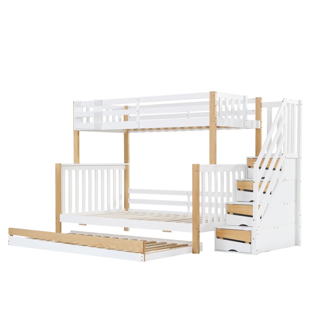 Letto a castello con letto estraibile e scala contenitore; 254x216;5x165 cm; bianco e naturale