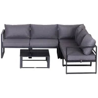 Set da Giardino da 6 Pezzi con  4 Sedie, 1 Divano ad Angolo e 1 Tavolino da Caffè, Salotto da giardino con Cuscini, Mobili da Giardino in Alluminio, Poliestere, Vetro temperato, per 4–5 persone, Grigio