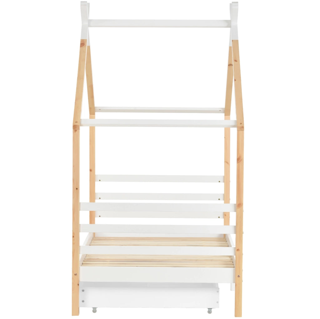 Letto casetta 90x200 cm; con cassetti; legno e MDF; bianco (Senza materasso)