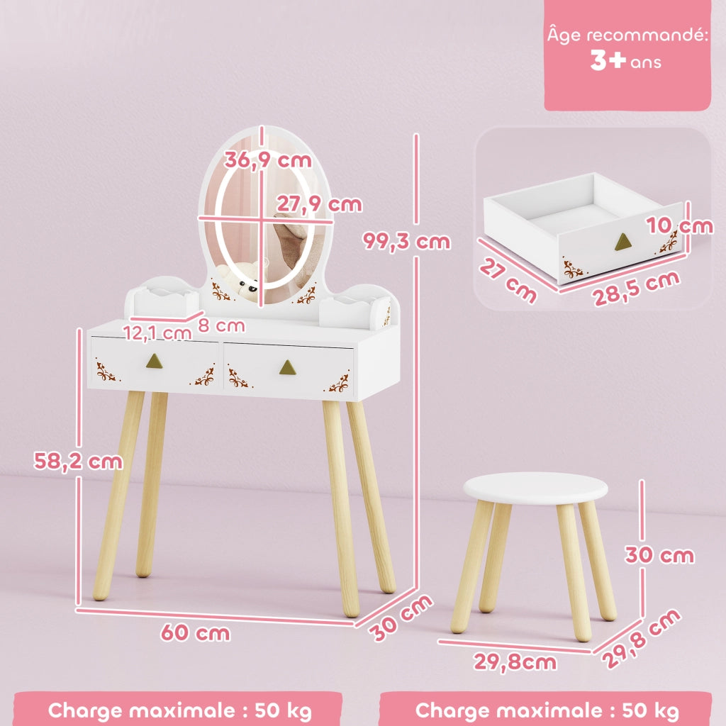 Scrivania per bambini con specchio LED e sgabello ¨C zephmum ¨C bianco 60x30x99,3 cm