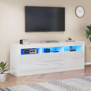Mobile TV moderno lucido 160x35x60 cm bianco con LED; 3 vani aperti; 2 porte e 2 cassetti